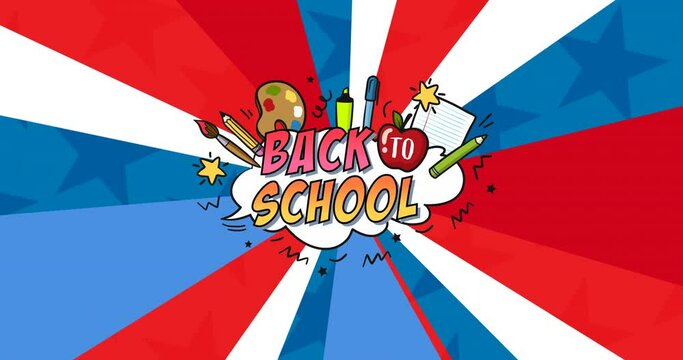 Animation of back to school text and items over rotating radiating red, white and blue lines