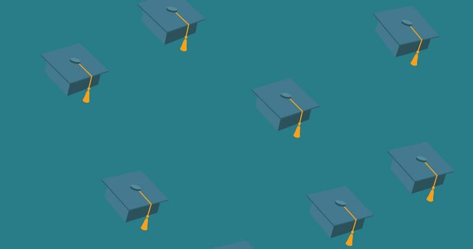 Animation of repeated mortarboards moving over mid blue background