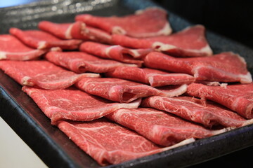 sliced Japanese wagyu in plate. Traditional Japanese beef meat