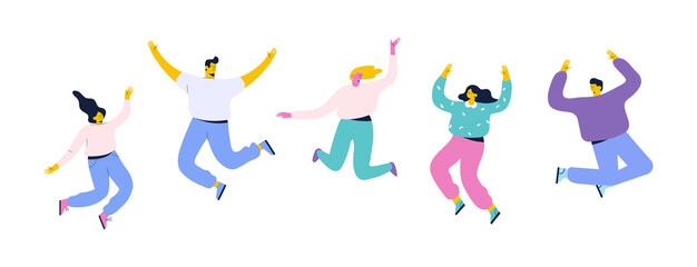 Happy people jumping with raising hands. Party, celebration