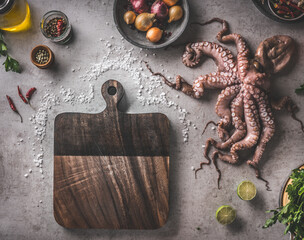 Mediterranean food concept with uncooked octopus, spices, vegetables and herbs. Cooking preparation with fresh ingredients and equipment. Rustic cutting board on grey concrete background. Top view