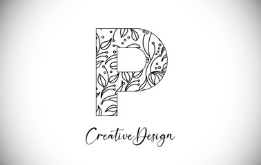Elegant Letter P Logo made of Flowers and Leafs in Monoline Creative Vector Design Logo
