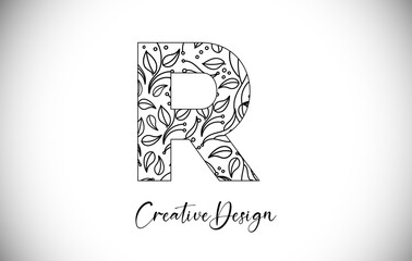 Elegant Letter R Logo made of Flowers and Leafs in Monoline Creative Vector Design Logo