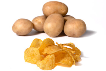 Potato chips with salt and potato tubers in the background on a white background. Potato chips close-up.