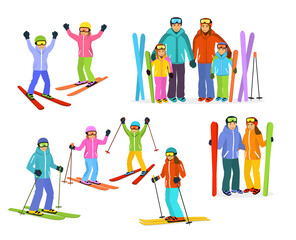  man, woman, boy and girl skiers set. couple, families and children winter fun activity collection