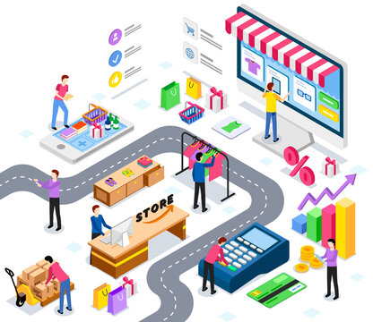 Online trading marketplace, buy in worlds largest wholesale platform. Buyers, delivery and tracking, salers and payment system, support center. Buy and sell goods worldwide vector illustration
