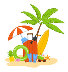 summer time beach holidays travel objects, items scene with palm, suitcase,  toco toucan, ring float, flippers, seashells, pineapple, sunglasses, coconut tropical exotic drink.