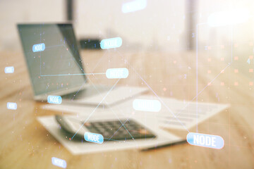 Multi exposure of abstract creative coding sketch on calculator and laptop background, artificial intelligence and neural networks concept