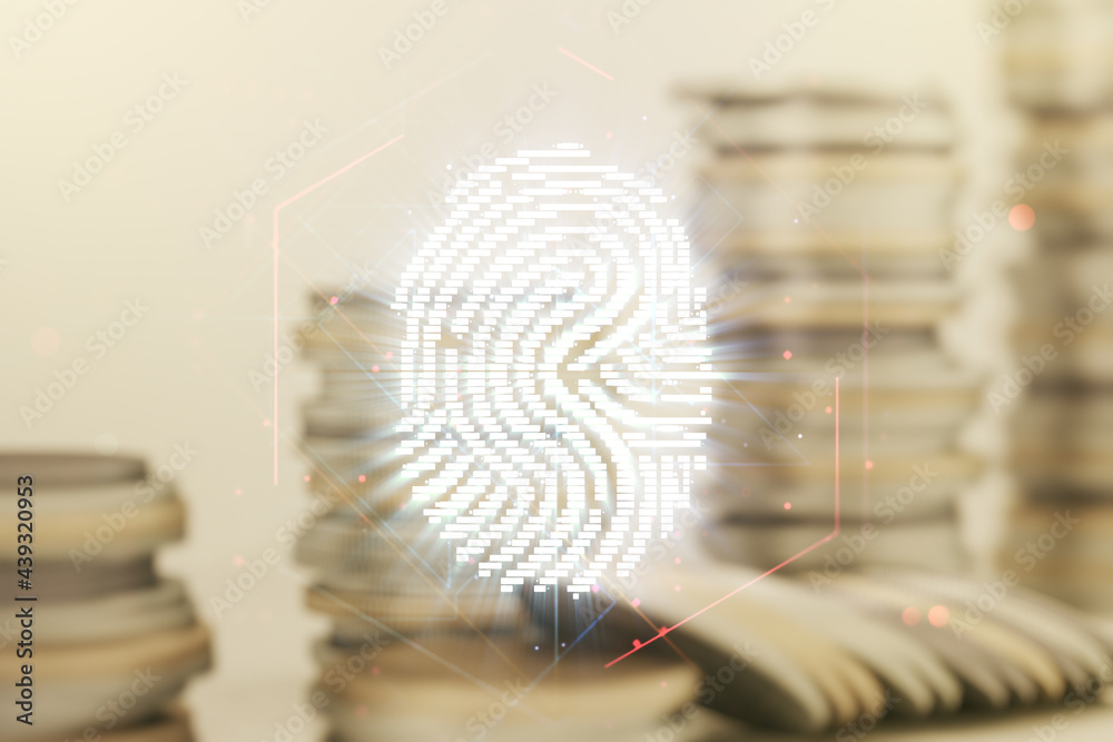 Aufkleber Multi exposure of virtual fingerprint scan interface on growing coins stacks background, digital access concept