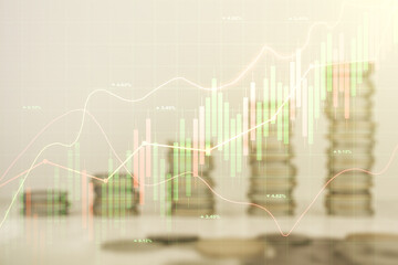 Abstract virtual financial graph hologram on coins background, financial and trading concept. Multiexposure