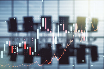 Double exposure of abstract creative financial chart hologram on a modern meeting room background, research and strategy concept