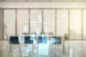 Abstract virtual stats data hologram on a modern conference room background. Multiexposure