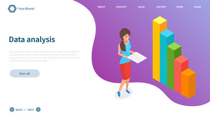 Visualize with business analytics. People work with statistical data analysis, changing indicators. Employees analyze statistical indicators, business data. Characters work with marketing research