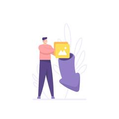 downloader concept, retrieve data, download, save documents. illustration of a man inserting a file into the down arrow. file backups. flat style. vector design elements