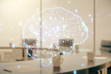 Double exposure of creative artificial Intelligence interface on a modern meeting room background. Neural networks and machine learning concept