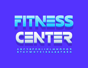Vector modern sign Fitness Center. Blue futuristic Font. Lunar style Alphabet Letters and Numbers set