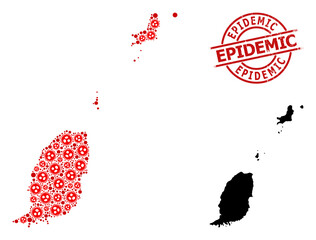 Mosaic map of Grenada Islands organized from coronavirus items and people icons. Epidemic distress seal stamp. Black men items and red coronavirus elements. Epidemic phrase is inside round seal stamp.