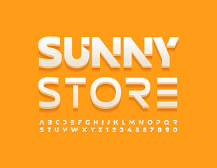 Fototapeta na wymiar Vector concept logo Sunny Store. Cosmic Alphabet Letters and Numbers set. White techno Font