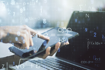 Creative scientific formula concept with finger clicks on a digital tablet on background. Multiexposure
