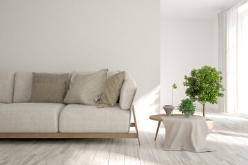 White living room with sofa. Scandinavian interior design. 3D illustration