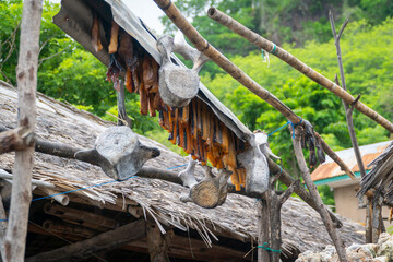 Dried sliced meat from Orca Killer whale at Lamalera, Nusa Tenggara, Indonesia
