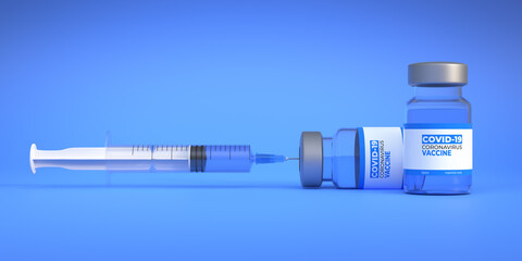 Medical needle entering into a glass vial of vaccine on blue background. Vaccine for Coronavirus COVID-19, global pandemic flu disease. Medical concept. 3d rendering illustration