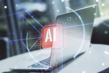 Double exposure of creative artificial Intelligence abbreviation with computer on background. Future technology and AI concept