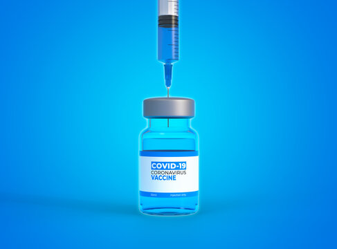 Medical needle entering into a glass vial of vaccine on blue background. Vaccine for Coronavirus COVID-19, global pandemic flu disease. Medical concept. 3d rendering illustration