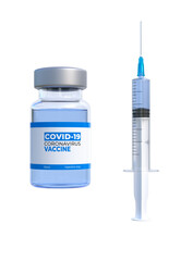 Syringe with medication for injection isolated on white background. Vaccine for Coronavirus COVID-19, global pandemic flu disease.