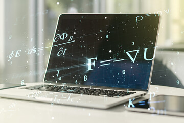 Creative scientific formula illustration on modern computer background, science and research concept. Multiexposure