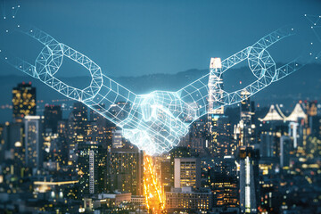 Abstract virtual blockchain technology hologram with handshake on San Francisco skyline background. Digital money transfers and decentralization concept. Multiexposure
