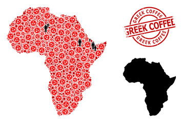 Obraz premium Collage map of Africa constructed from covid virus icons and demographics items. Greek Coffee textured seal. Black man icons and red flu virus icons. Greek Coffee caption is inside round seal.