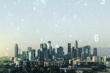 Fototapeta na wymiar Multi exposure of abstract graphic coding sketch and world map on Los Angeles cityscape background, big data and networking concept