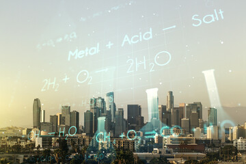Creative chemistry hologram on Los Angeles office buildings background, pharmaceutical research concept. Multiexposure