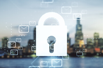 Abstract virtual lock illustration with postal envelopes on blurry skyscrapers background, cyber security and email protection concept. Multiexposure