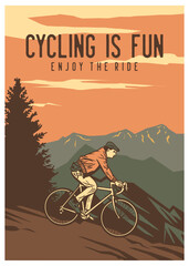 poster design cycling is fun enjoy the ride with man riding bicycle vintage illustration