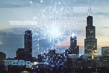 Abstract virtual code skull illustration on Chicago skyline background. Hacking and phishing concept. Multiexposure