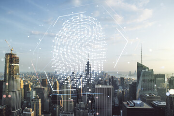 Abstract virtual fingerprint hologram on New York city skyline background. Multiexposure