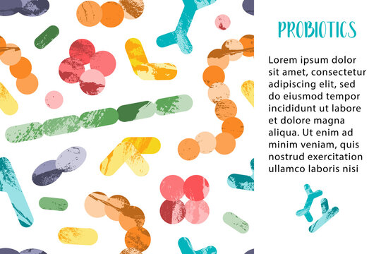 Probiotics. Lactic acid bacteria. Good microorganisms for gut, intestinal flora health. Microflora. Microbiome. Bifidobacterium, lactobacillus,  lactococcus, thermophilus streptococcus. Vector pattern