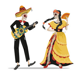 A Mexican skeleton of a musician with a guitar and a dancer in a dress . Design elements on a white background for layouts and postcards. Vector illustration in cartoon style.