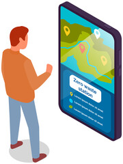 Person analyses zero waste station in mobile app. Man looking at informational screen terrain map with marks on phone display. Start recycling today smartphone interface. Green technology ecosystem