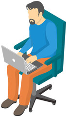 Man freelancer working or studying at laptop. Remote worker, student isolated on white. Job freelance, student at online learning sitting in chair with tablet pc. Guy sits with computer and types