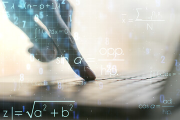 Creative scientific formula illustration with hands typing on computer keyboard on background, science and research concept. Multiexposure