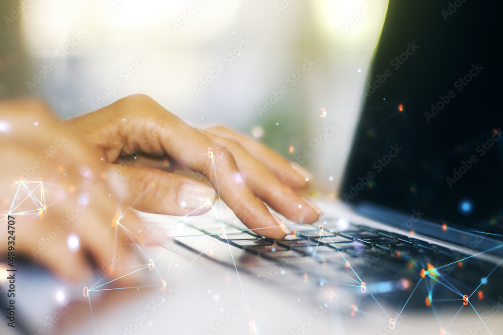 Poster creative abstract wireless technology hologram and hands typing on computer keyboard on background, 