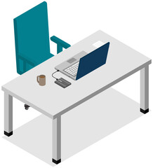 Modern workplace with computer flat isometric design. Office chair and office desk with laptop and hard disk storage. Furniture and equipment for workplace of an employee or office worker, programmer