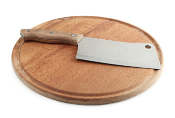 Large sharp cleaver knife with wooden board isolated on white