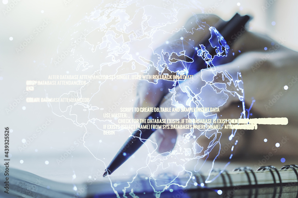 Poster double exposure of abstract creative programming illustration with world map and woman hand writing 