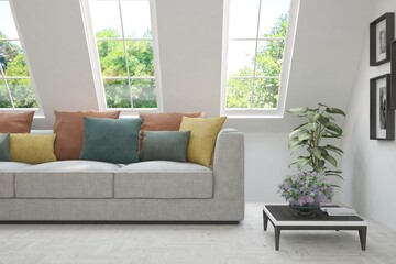 Fototapeta premium White living room with sofa and summer landscape in window. Scandinavian interior design. 3D illustration