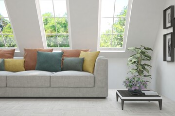 White living room with sofa and summer landscape in window. Scandinavian interior design. 3D illustration