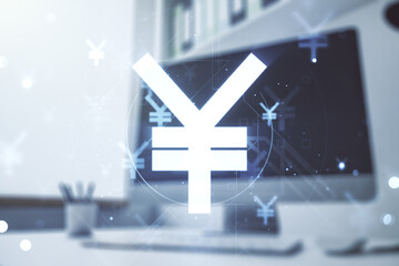 Creative Japanese Yen symbol sketch and modern desk with computer on background, strategy and forecast concept. Multiexposure